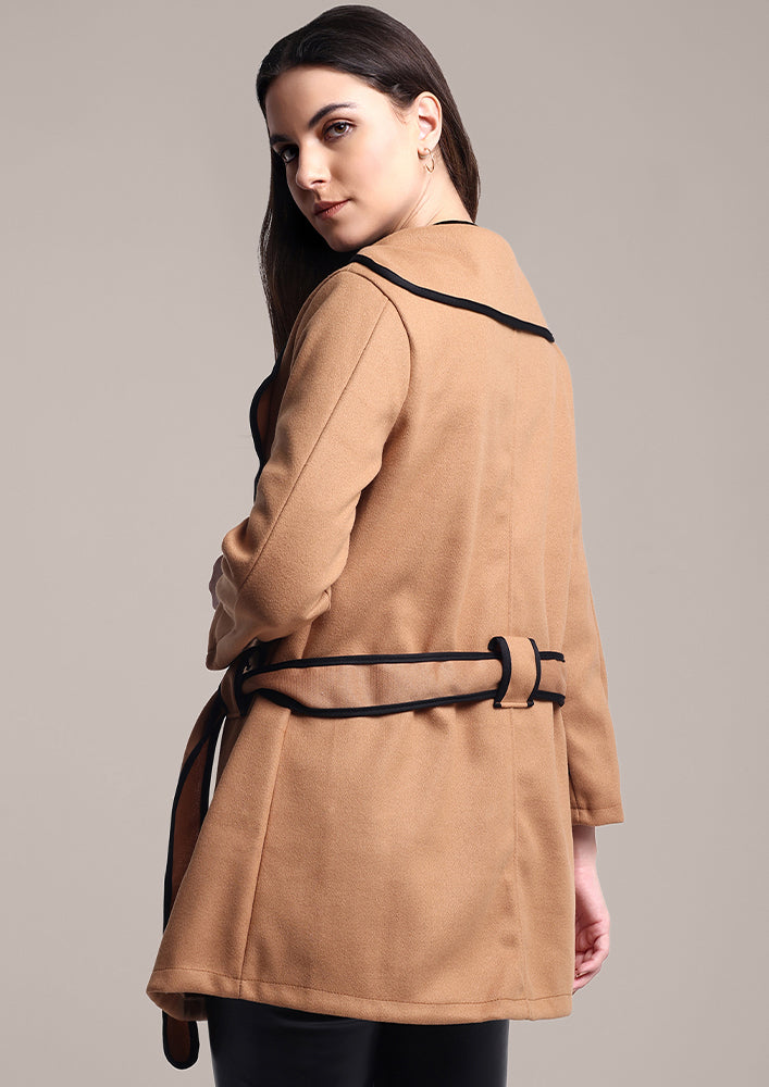 Beige Woolen Over Coat with Black Piping