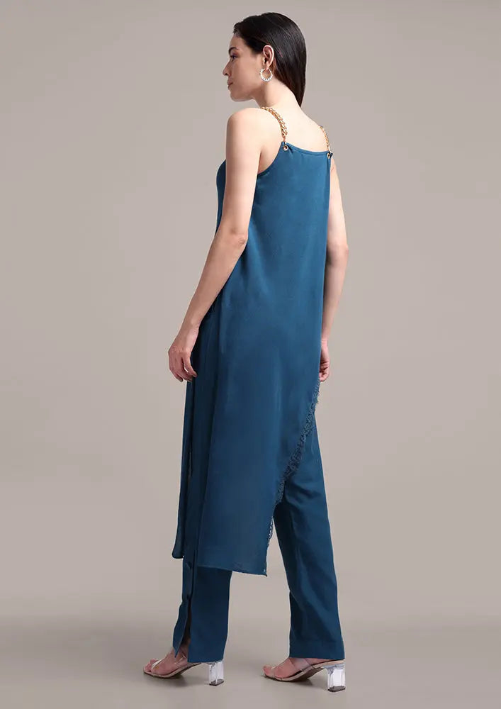 Teal Blue Asymmetric Chain Strapped Top With High Waisted Pants IKI CHIC Private Ltd