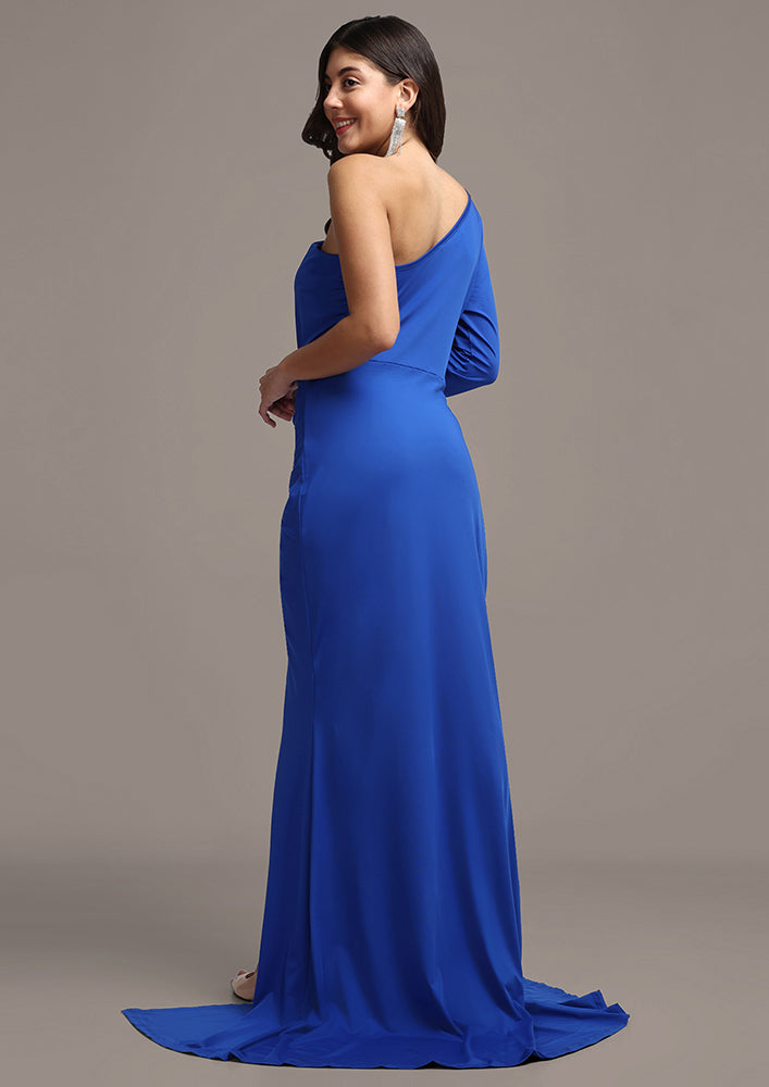 Blue Solid One-Shoulder High-Slit Bodycon Gown