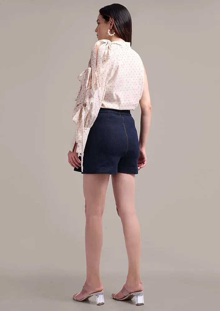 Off White One shoulder Cut Out sleeves Top And Denim Skorts Set IKI CHIC Private Ltd