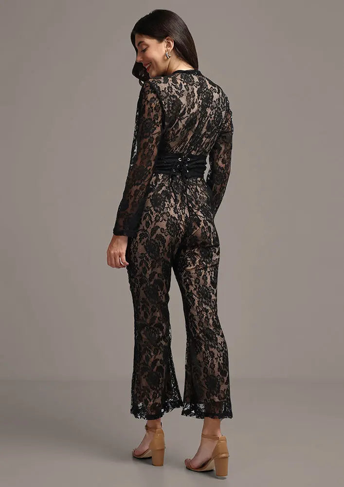 Black Lace Embroidered Straight Leg Jumpsuit With Belt IKI CHIC Private Ltd