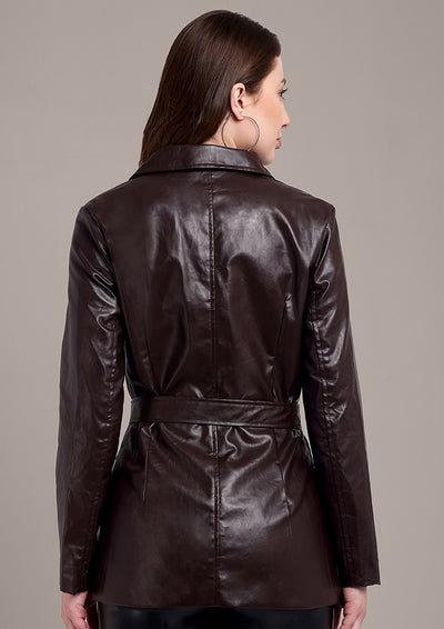 Dark Brown Leather Jacket with Buckle Belt