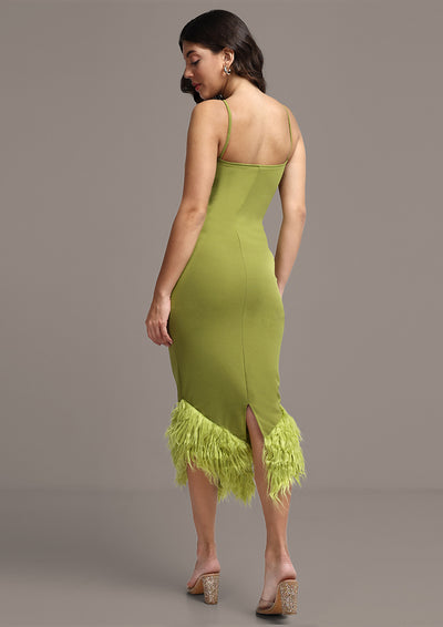 Green Feather Trim One-Shoulder Bodycon Midi Dress