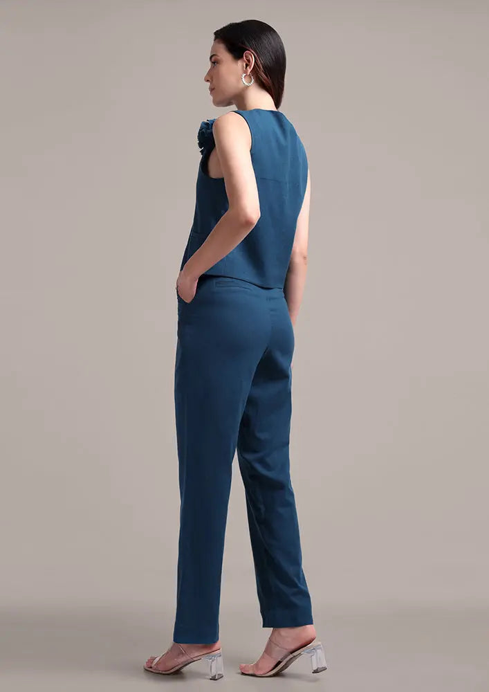 Teal Blue Sleeveless Front Button-Up Vest With High Waisted Pants IKI CHIC Private Ltd