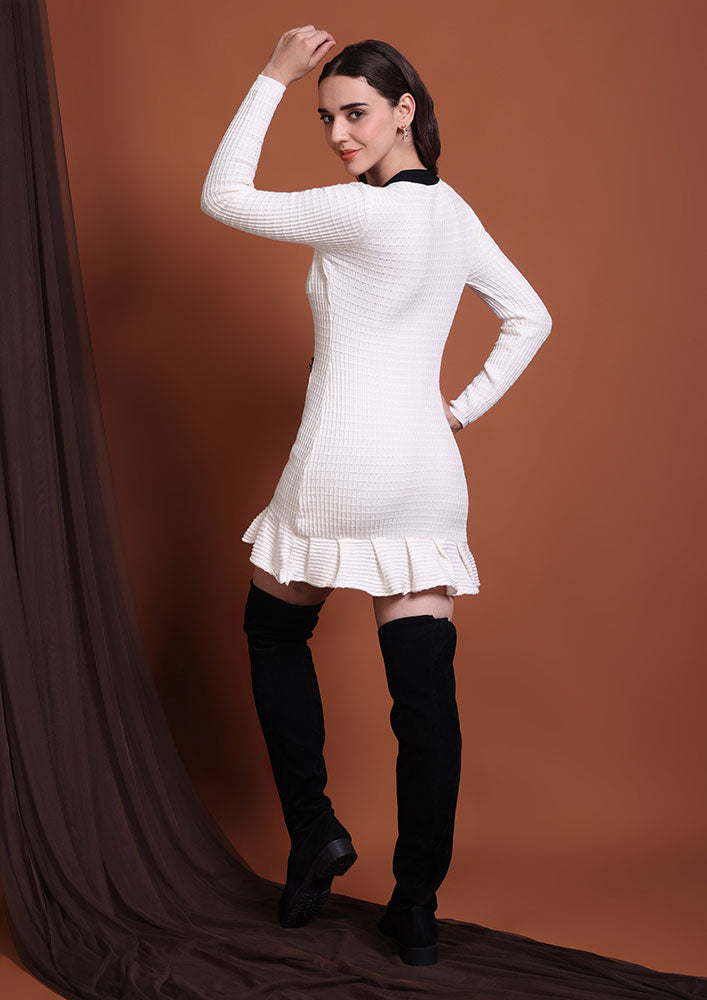 Ivory Mini Dress with Contrast Trim & Gold Buttons