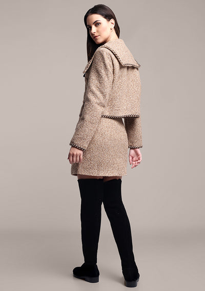 Light Brown Fitted Tweed Jacket With Mini Skirt