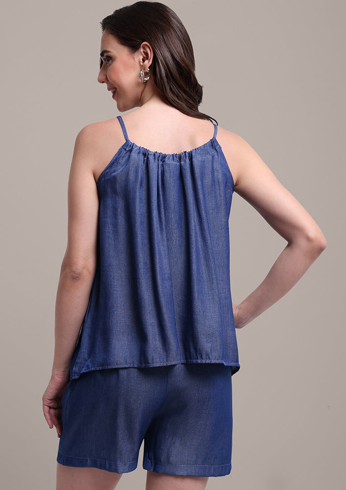 Blue A-line sleeveless Top And Shorts Co-ord Set IKI CHIC Private Ltd.