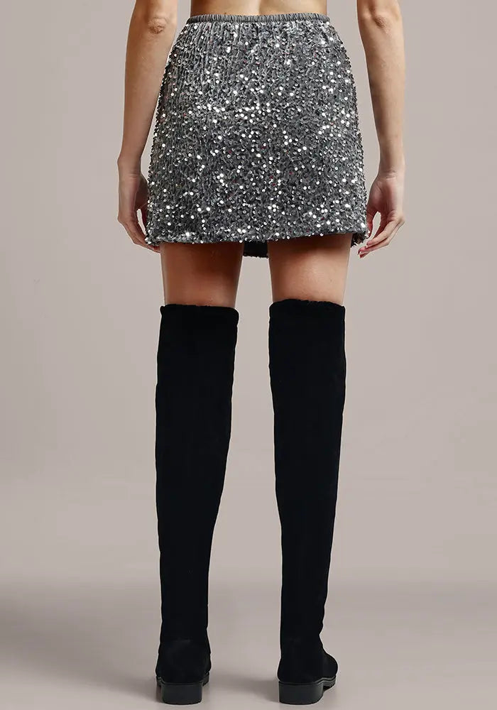Grey Sequin Velvet Mini Skirt IKI CHIC