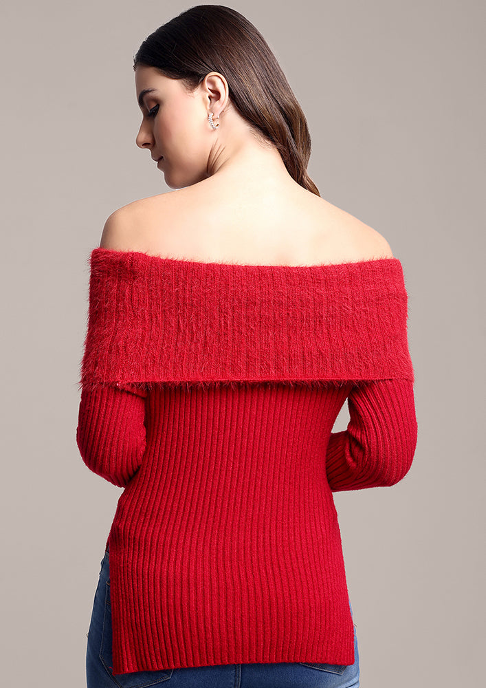 Red Off-Shoulder Sweater with Fur Detail