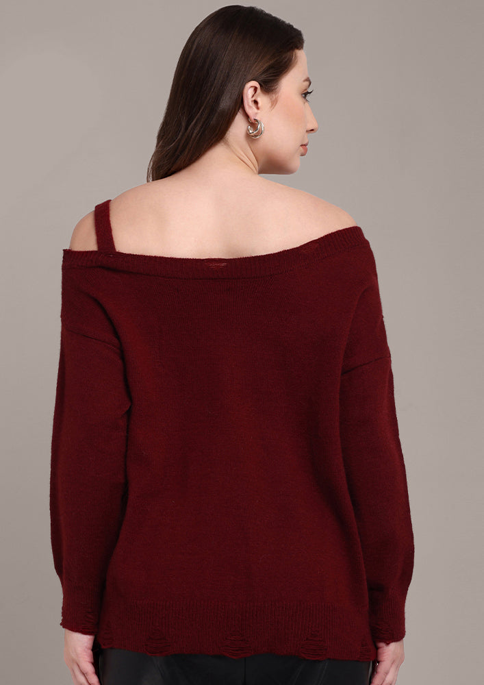 Maroon Knitted Sweater with Bow and Raw Hems