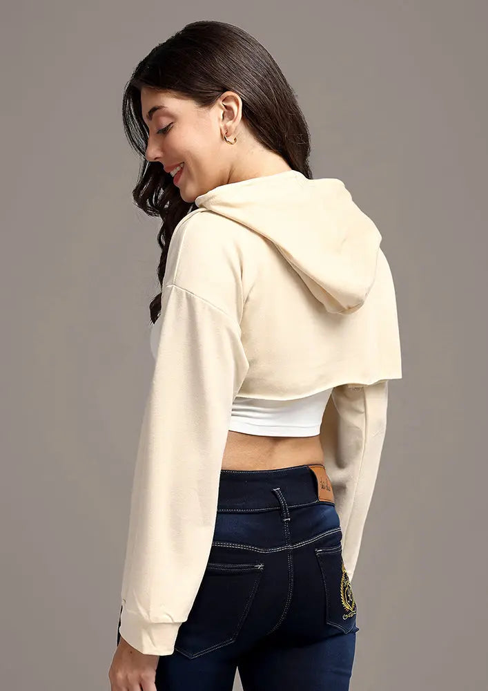 Beige Hooded Long Sleeve Crop Top IKI CHIC Private Ltd