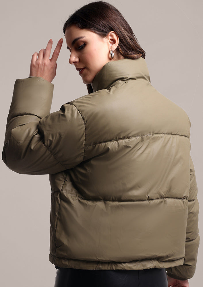 Olive Green Stand Collar Puffer Jacket