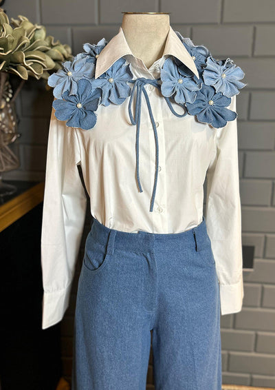 White Poplin Shirt with 3D Floral Collar IKI CHIC Private Ltd