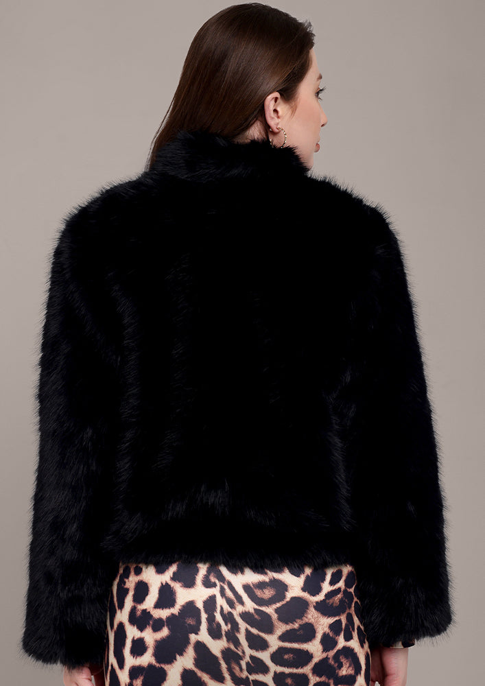 Black Fur Jacket with Front Buckle Straps IKI CHIC Private Ltd.