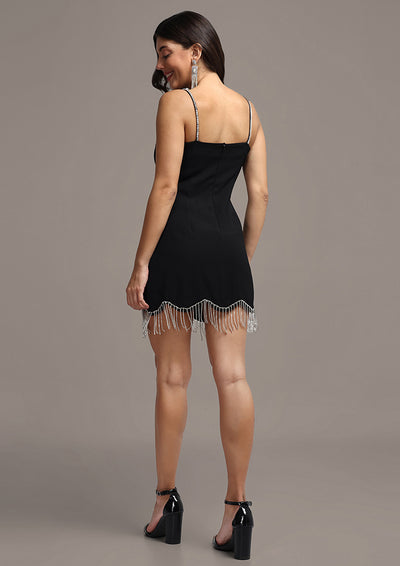 Black Solid Shoulder Straps Fringed Hem Mini Dress