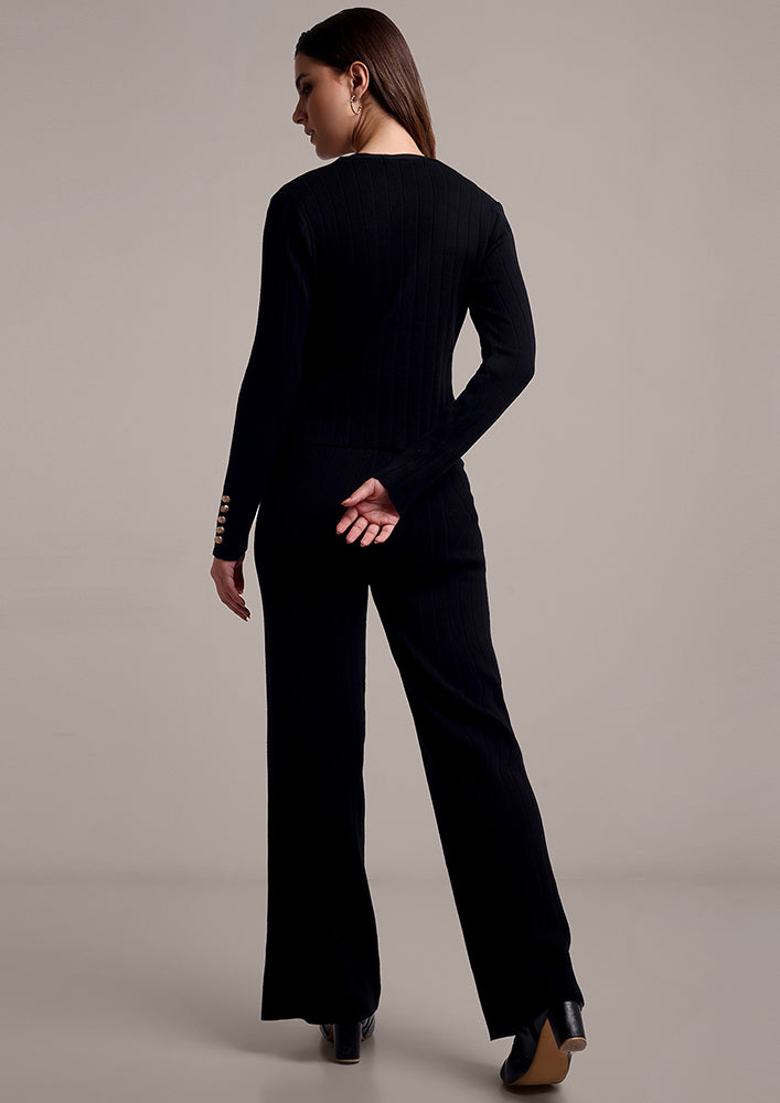 Black Knitted Cardigan With Inner And Wide Leg Pants Set