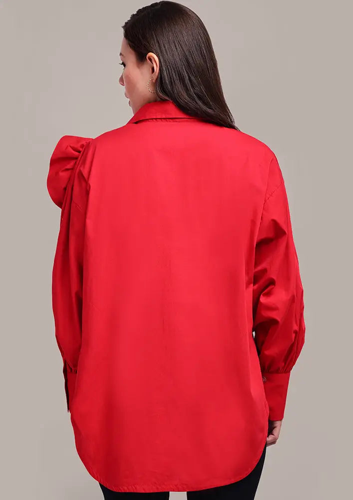 Red Drop Shoulder Shirt With 3D Flower Detail IKI CHIC Private Ltd