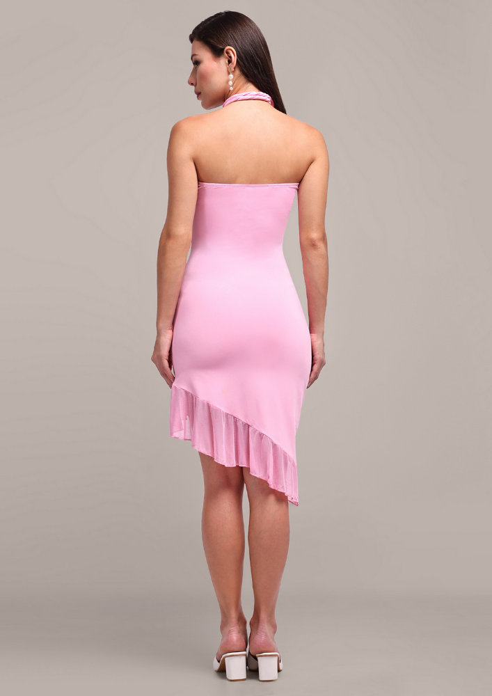 Pink Ruched Bodycon Mini Dress with Bandeau Neckline