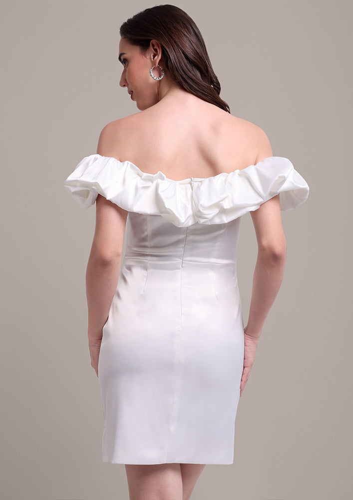 White Ruffle Off-Shoulder Mini Dress IKI CHIC Private Ltd.