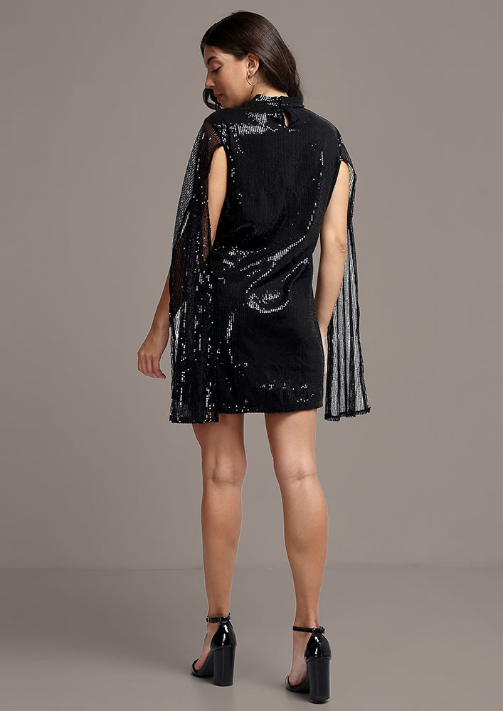 Black Sequin Cape Sleeve Mini Dress