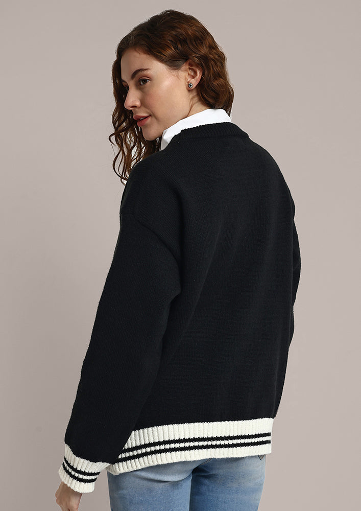 Black Knitted Bear Design Sweater