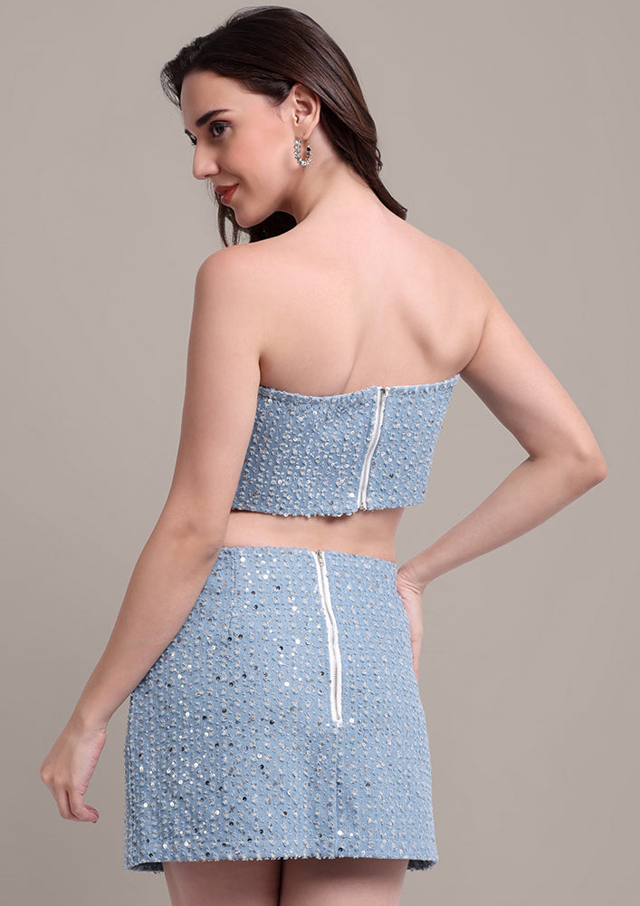 Blue shimmer corset skirt set IKI CHIC Private Ltd.