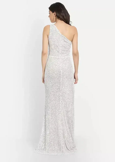 Silver Premium One Shoulder Sequin Gown IKI CHIC Private Ltd.