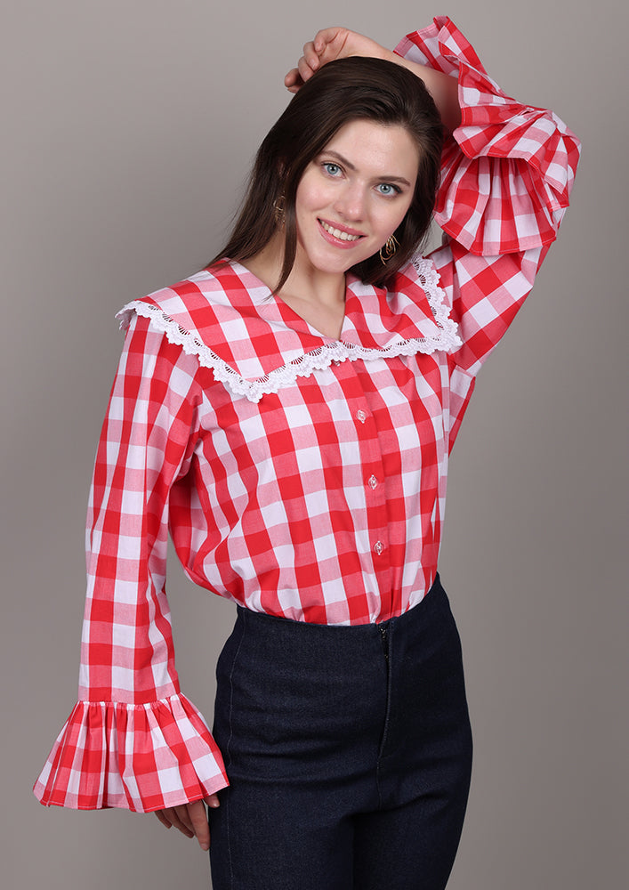 Red and White Check Shirt With Sailor Collar IKI CHIC Private Ltd.