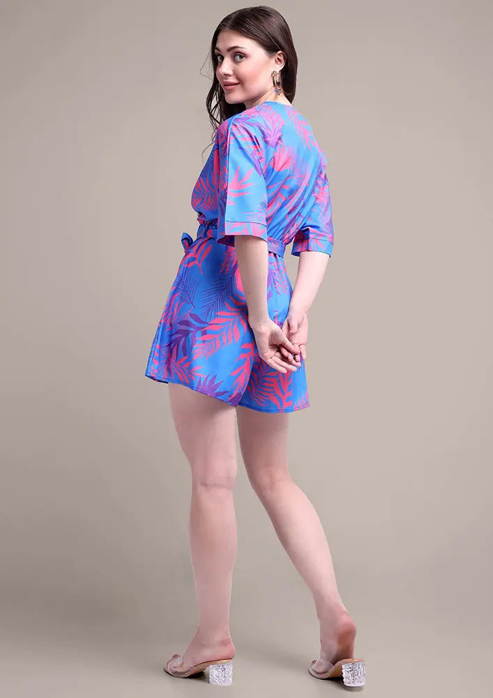 Blue Print V Neck Romper With Tie Up-Belt IKI CHIC Private Ltd