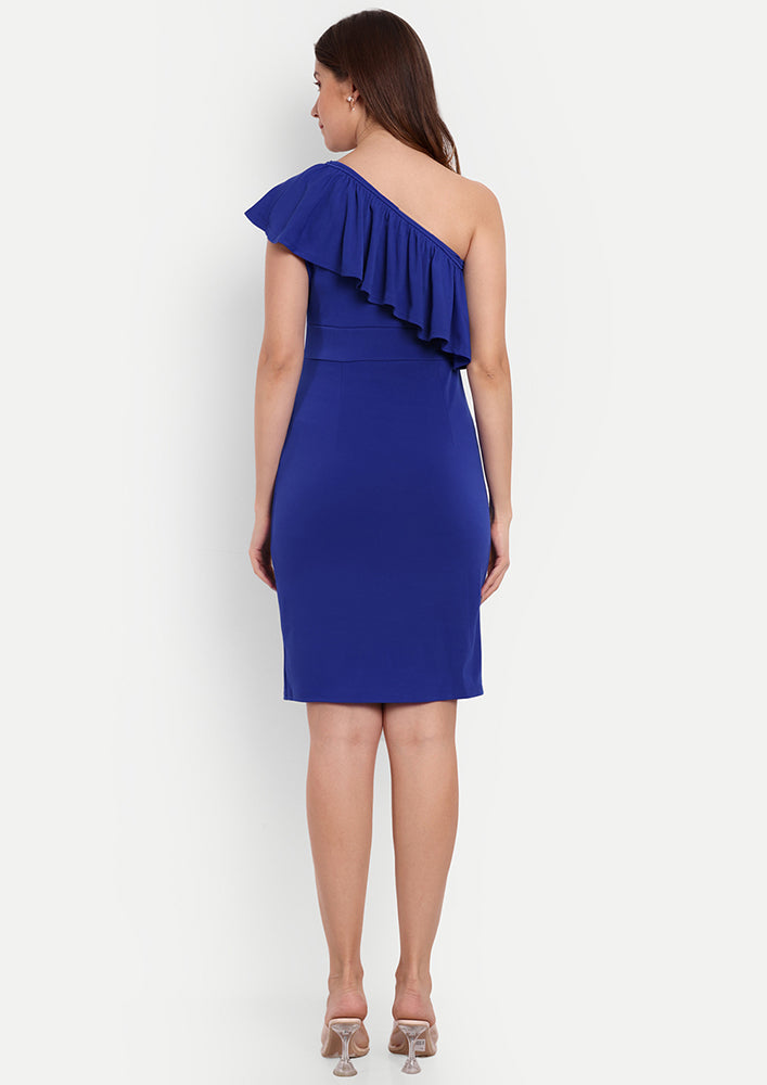 Blue Bodycon Midi Dress With One Shoulder Ruffle Deatiling