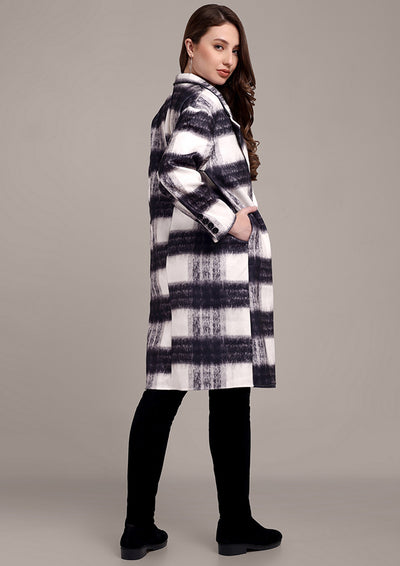 Black & White Checkered Wool Belted Coat