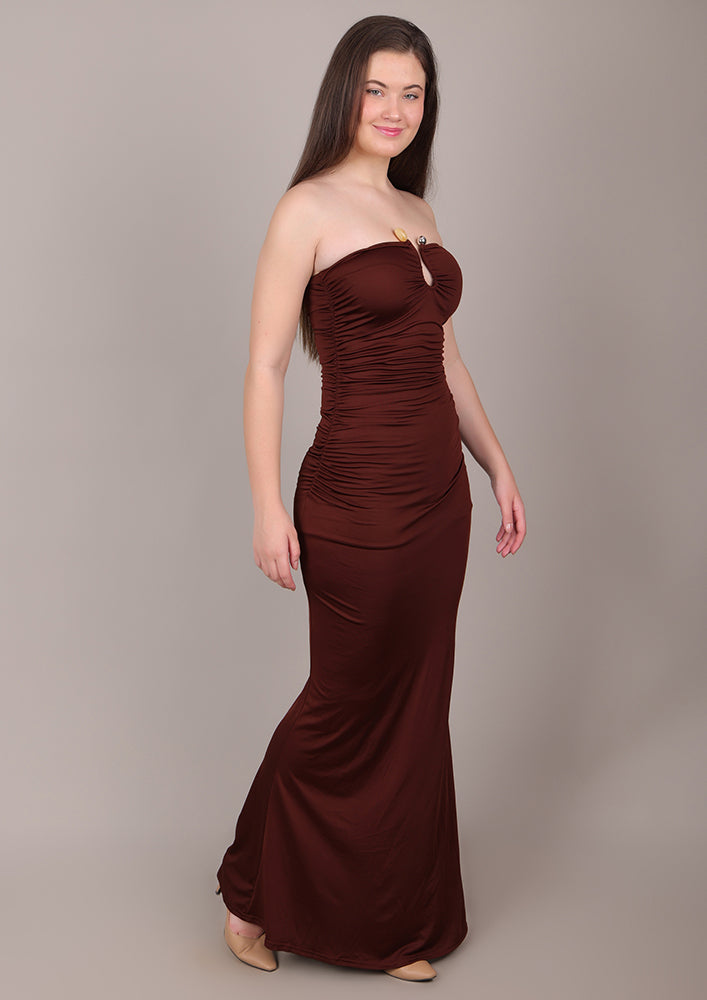 Brown Tube Ruched Long Dress