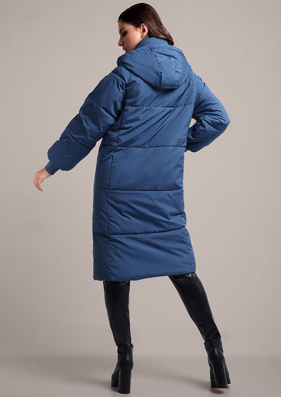 Blue Long Puffer Hooded Jacket