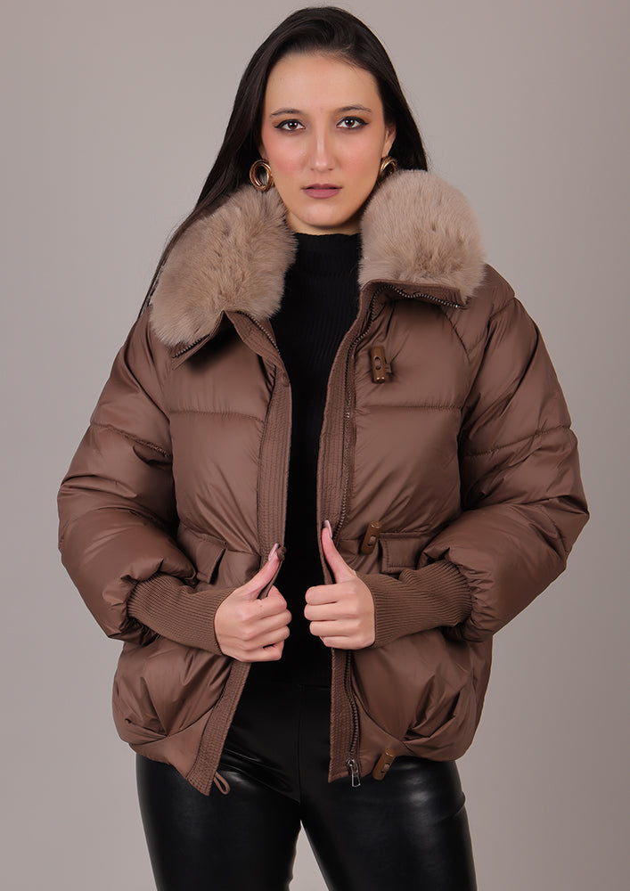 Brown Puffer Jacket With Detachable Fur Collar IKI CHIC Private Ltd.