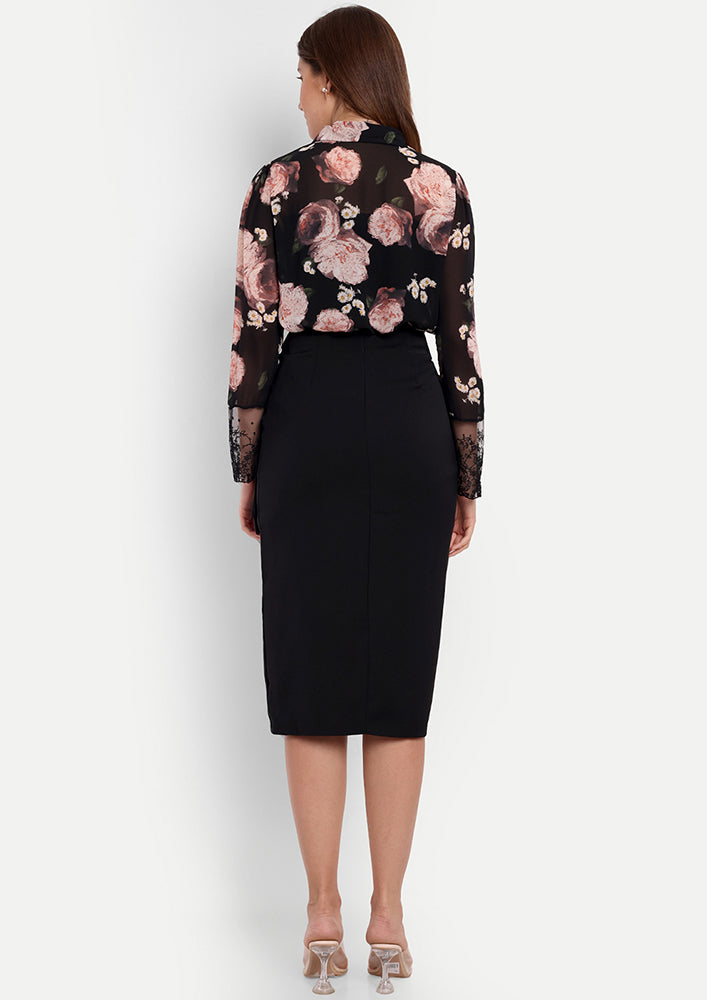 Floral Printed Blouse With A Black Draped Pencil Skirt