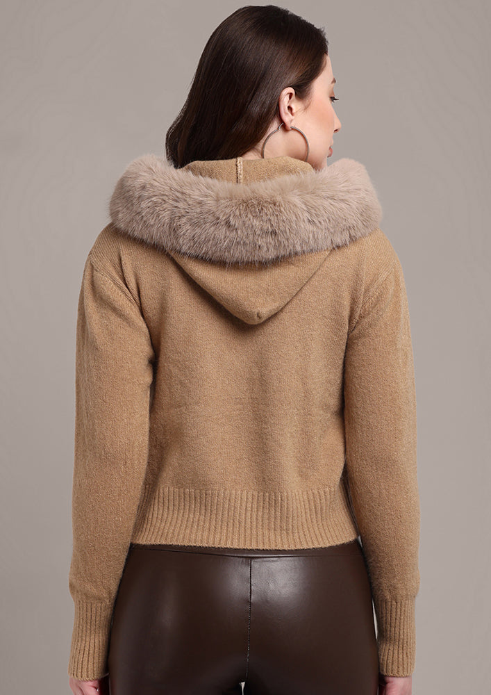 Beige Cardigan with Furry Collar Zip