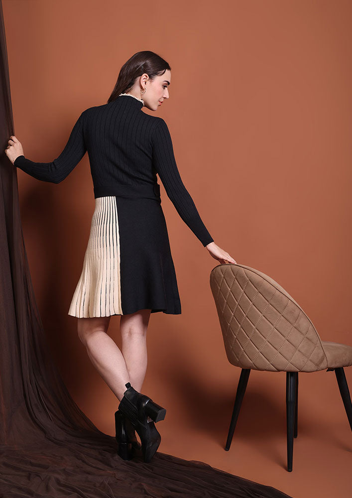 Black Ribbed Knit Mini Dress with Contrast Pleated Panel