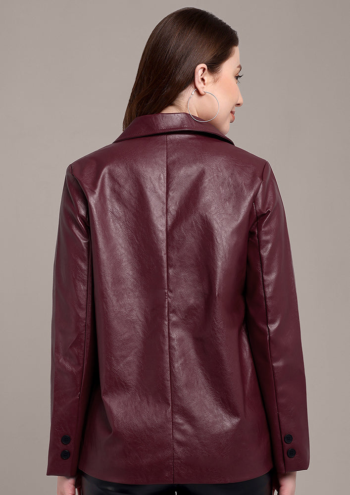 Burgundy Leather Jacket with Notch Collar Style IKI CHIC Private Ltd.