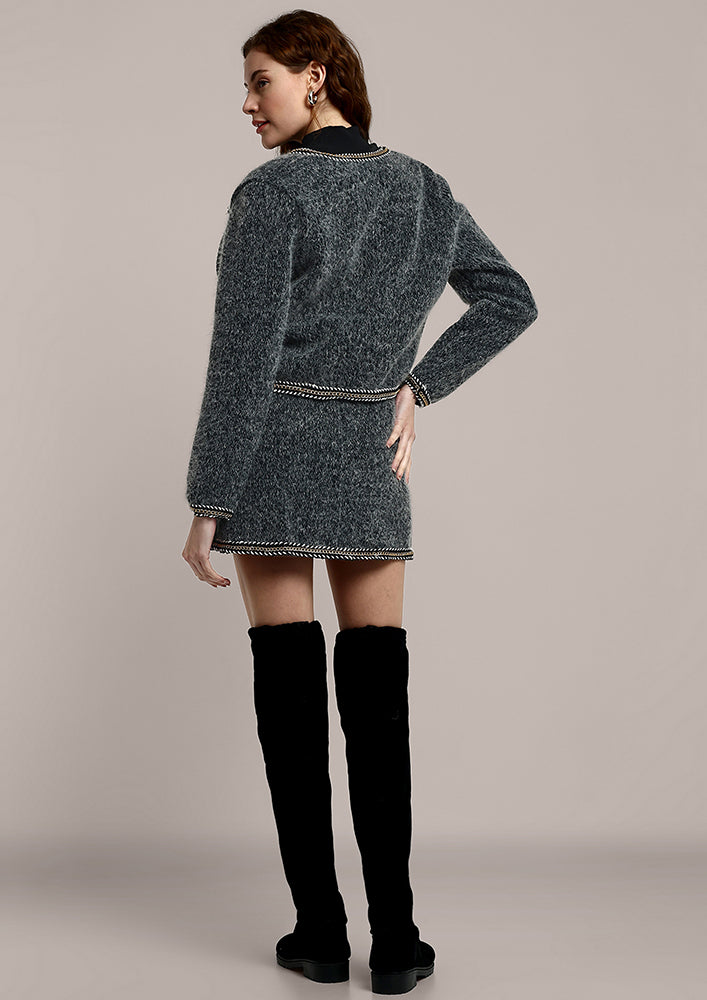 Solid Grey Woolen Tweed Jacket And Skirt Set