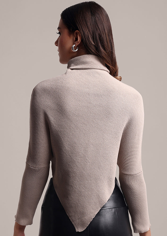 Solid Beige Asymmetrical Turtle Neck Crop Jumper