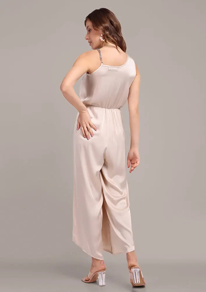 Beige Cowl Neck wide Leg Jumpsuit IKI CHIC Private Ltd