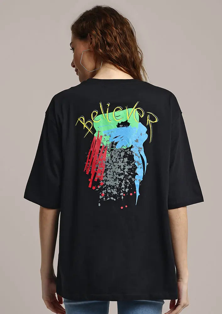 Believer Print Oversized Black Gen-Z Unisex T-shirt IKI CHIC Private Ltd