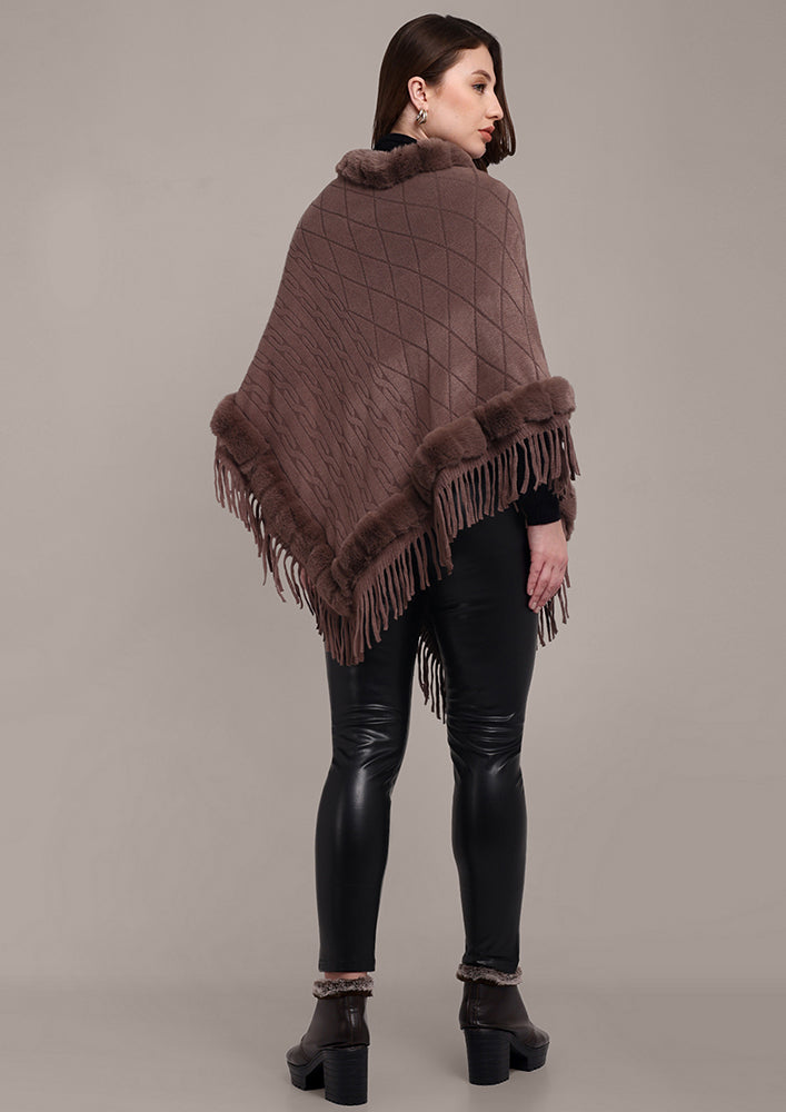 Brown Women's Poncho with Fringed Hem and Fur