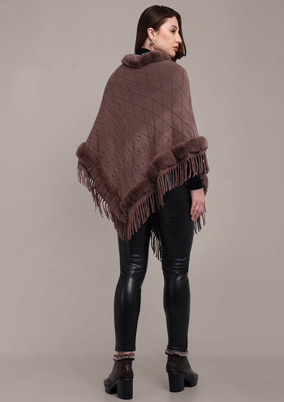 Brown Women's Poncho with Fringed Hem and Fur