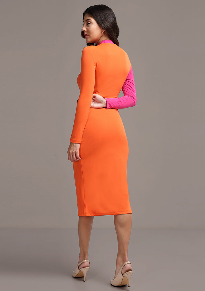 Orange Colourblock Bodycon Midi Dress With Zip Detail