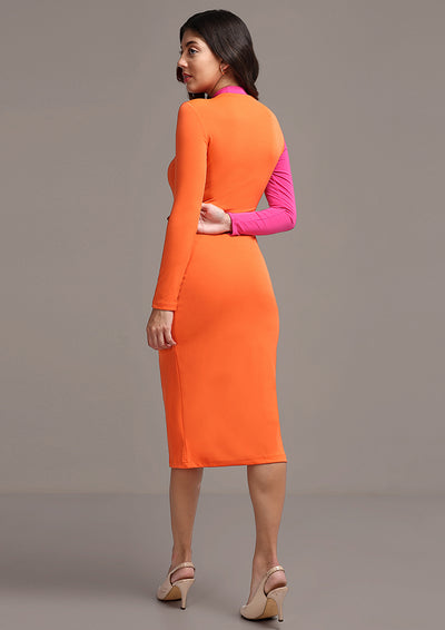 Orange Colourblock Bodycon Midi Dress With Zip Detail