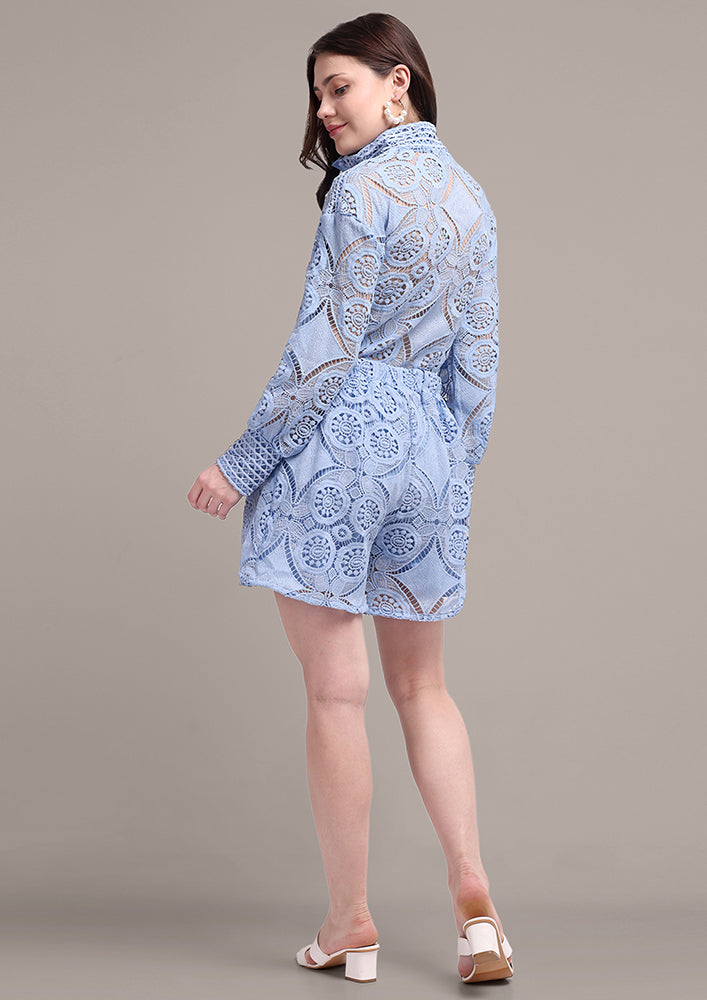 Blue Lace Detail Shirts And Shorts Set