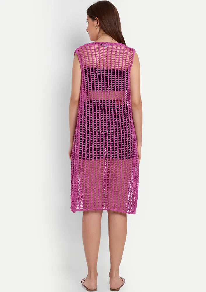 Purple Crochet Beach Coverup With A Boat Neckline And Sleeveless Design IKI CHIC Private Ltd