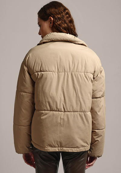 Women's Beige Puffer Jacket With Pockets