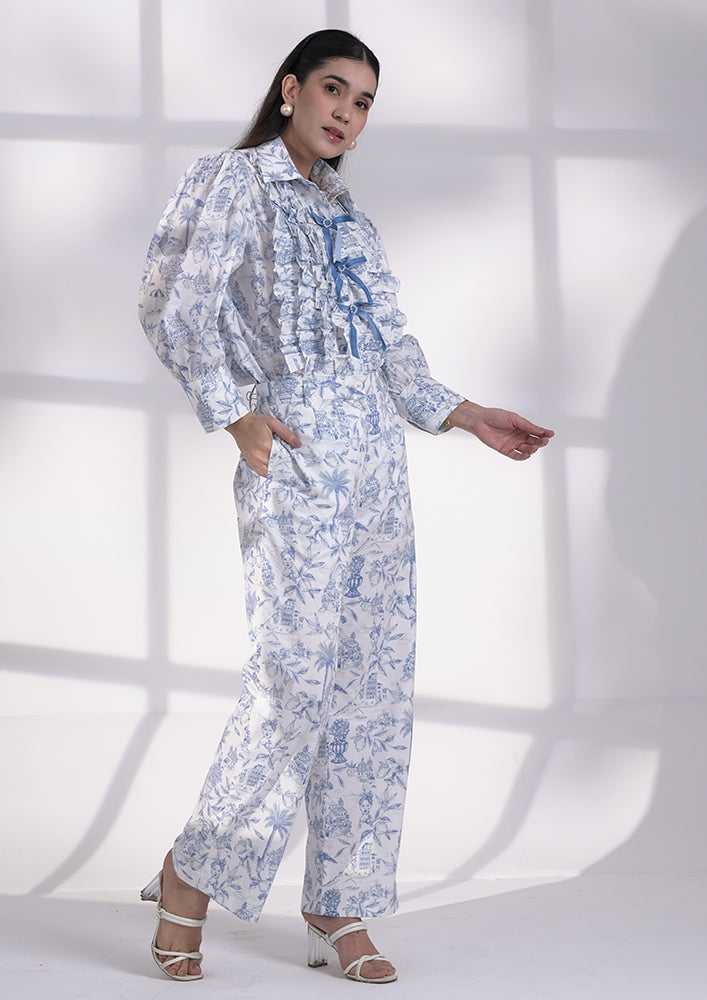 Blue printed ruffle shirt with bows and loose pant IKI CHIC Private Ltd.